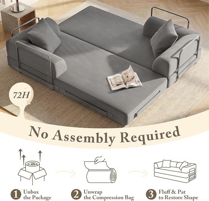 Cloud Boneless Couch Futon Sofa Bed, 5-in-1 Convertible Sofa Bed Pull Out Couch Sleeper Sofa Compressed Loveseat, 70" High-Density Sponge & Corduroy Fabric Futon Daybed for Living Room Bedroom (Gray) | 5-in-1 Convertible