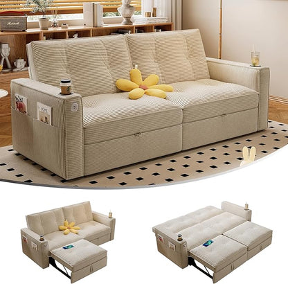 73.2'' Futon Sofa Bed Full Size, Pre-Assembled Pull Out Couch, Adjustable Backrest, Corduroy Convertible Sleeper Sofa, 2 Cup Holders, Pockets, USB, Loveseat for Living Room, Apartment, Beige | Soft Material