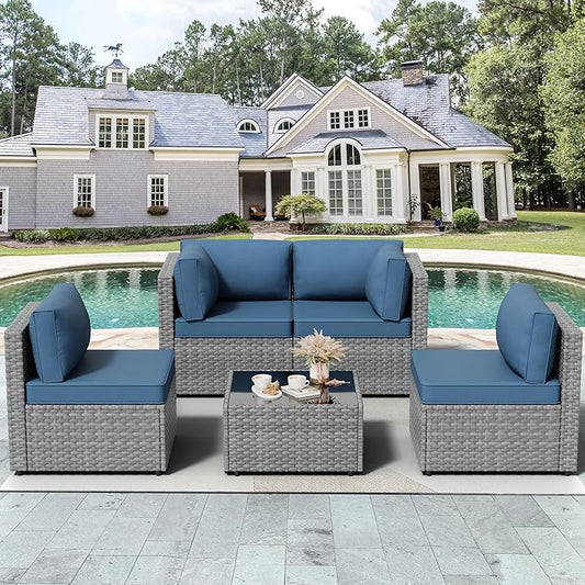 Vongrasig 5 Pieces Outdoor Sectional Furniture, All-Weather Rattan Patio Furniture Set, Wicker Patio Sectional Couch with Cushion, Glass Table, Navy Blue