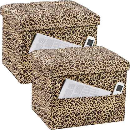 Bsketa Storage Ottoman Foot Rest Stool, Small Velvet Storage Ottomans Bench, Folding Footstool with Side Pockets, Foot Rest Under Desk for Living Room Bedroom, 17x13x13 in, Leopard Print 2 Pack