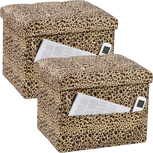 Bsketa Storage Ottoman Foot Rest Stool, Small Velvet Storage Ottomans Bench, Folding Footstool with Side Pockets, Foot Rest Under Desk for Living Room Bedroom, 17x13x13 in, Leopard Print 2 Pack