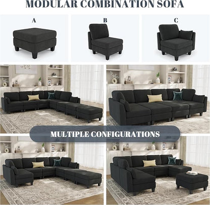 Sectional Sleeper Sofa, 8 Seaters Modular Sleeper Sofa Couch, Comfy Sectionals Couches Bed, Convertible Sofas with Ottomans, Modular Sectional Couches for Living Room, Dark Grey