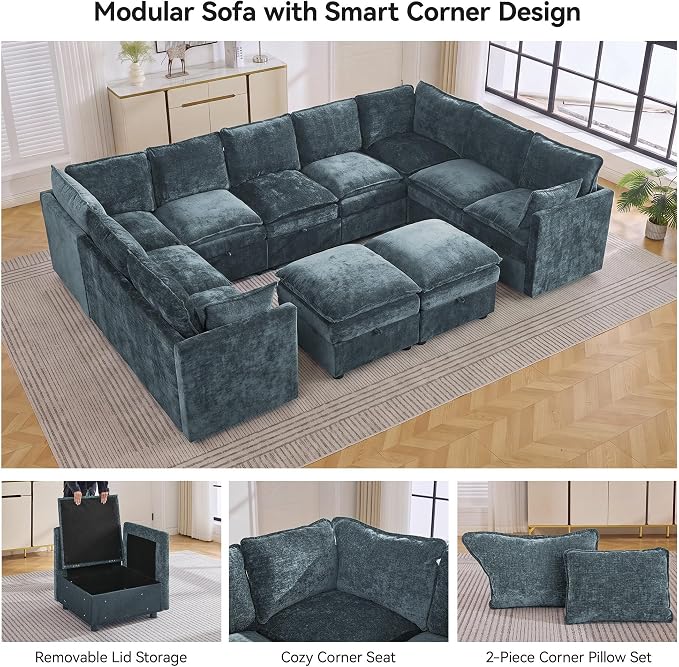 130" Blue Oversized Modular Storage Sofa, U Shaped Chenille Cloud Couch | Oversized Convertible Sectional Sofa, 9-Seat Sectional Couch With 2 Ottomans, Large Cloud Couch For Living Room, Apartment.