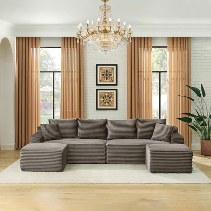 115" U-Shaped Cloud Sectional Couch, Modular Compressed Boneless Sectional Sofa W/Reversible Ottoman Chaise Lounge, Plush Corduroy Boneless Symmetrical Sofa for Living Room