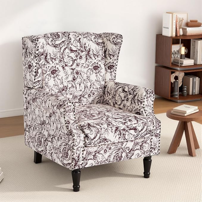 High Back Floral Accent Chairs Set of 2, Fabric Wingback Chair Upholstered Armchair for Living Room - Rococo Plum