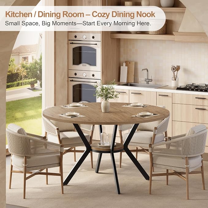 MECHYIN 42" Round Dining Table for 2-4, Farmhouse Kitchen Table with Storage, Space Saving Circle Dinner Table, Rustic Light Wood Kitchen & Dining Room Tables with Metal Legs for Kitchen, Dining Room