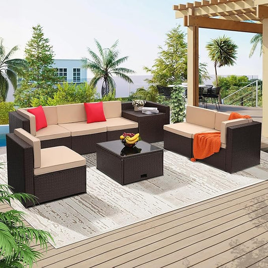 KROFEM 8-Piece Patio Furniture Set, Outdoor Wicker Rattan Sectional with Thick Cushions, Glass Top Table with Hidden Storage, Outdoor Conversation Set for Backyard, Porch, Patio, Beige
