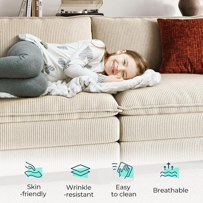 LINSY HOME 157'' Modular Sectional Sofa 4 Seat Couch Corduroy Cloud Couch with Deep Seat, Modern U-Shaped Cloud Couch with 2 Movable Ottoman for Living Room, Office, Bedroom, Beige