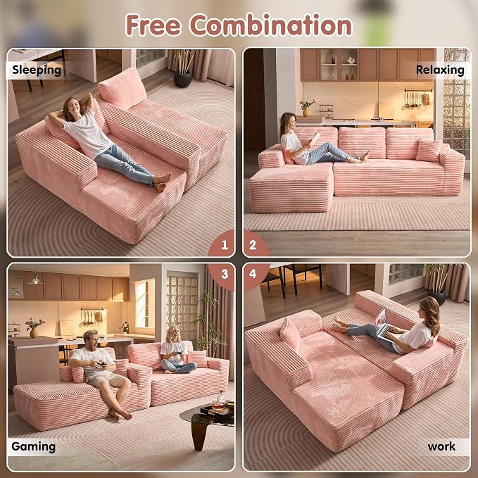 ovios 104" Cloud Boneless Couch with L-Shape Chaise,Modern Sectional Modular Sofa with Deep Seat, Upholstered Couches for Living Room Bedroom,No Assembly Required, Pink (Plush Corduroy Fabric)