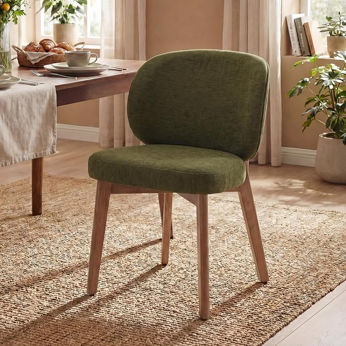 YOUNIKE Single Dining Chair Modern Kitchen Dining Room Chair Green | Chenille Fabric Upholstered Armless Side Accent Chair with Back 20.1" Wide Padded Seat Wooden Legs for Living Room Bedroom