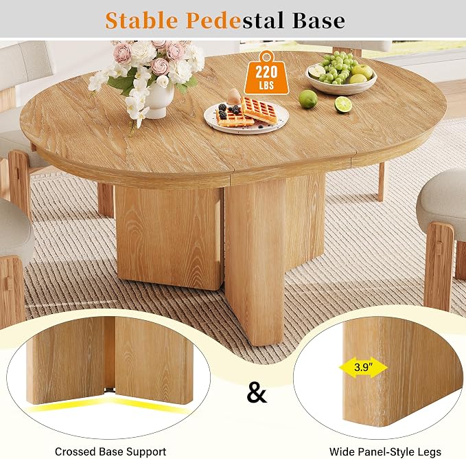 LUMISOL Round Dining Table for 4-6 People, Farmhouse Kitchen Table with Pedestal Base and Adjustable Foot Pads, Oval Extendable Dining Table for Dining Room, Kitchen, Small Space, Natural