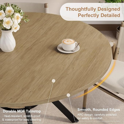 MECHYIN 42'' Round Dining Table for 2–4, Farmhouse Round Kitchen Table with Storage Shelf, Pedestal Dinner Table, Wood Top & Metal Base, Small Space Table for Apartment, Dining Room, Light Oak
