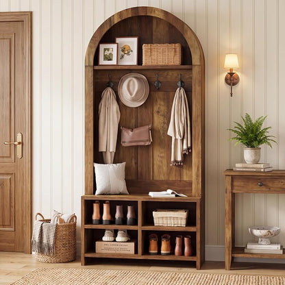 Tribesigns 70.8" Arched Coat Rack, 4-in-1 Hall Tree with Bench and Shoe Storage, Freestanding Coat Tree Rack with 4 Hooks & Adjustable Cubbies, for Mudroom, Entryway, Bedroom, Rustic Brown