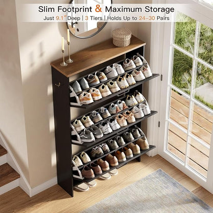 Nicetree Shoe Storage Cabinet for Entryway, 9.1" Ultra Slim 3-Drawer Flip Shoe Cabinet, Modern Black Farmhouse Hidden Shoe Organizer, Narrow Shoe Rack for Small Spaces
