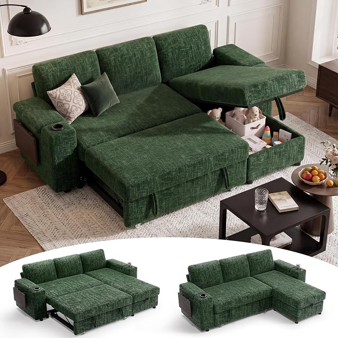 Vipbear Premium 86" Modular Sectional Chenille Sleeper Sofa, 3 Seat Sleeper Sofa with Pull Out Bed, L Shaped Couch with USB Ports|Storage Armrests&Chaise|Cup Holders| Side Table, Green
