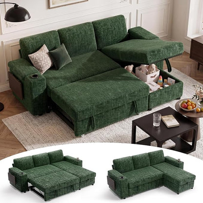 Vipbear Premium 86" Modular Sectional Chenille Sleeper Sofa, 3 Seat Sleeper Sofa with Pull Out Bed, L Shaped Couch with USB Ports|Storage Armrests&Chaise|Cup Holders| Side Table, Green