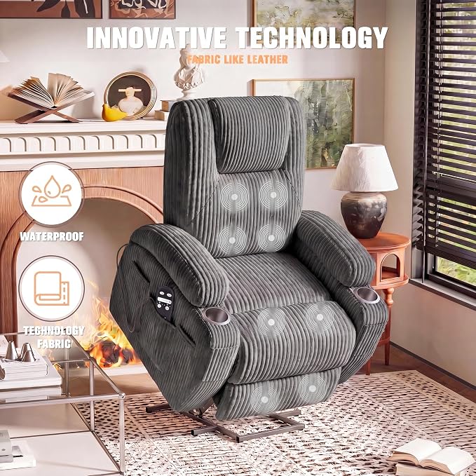 Flamaker Power Lift Recliner Chair Electric Lift Recliner for Elderly Power Lift Recliner Chair with Cup Holders Side Pockets for Living Room (Corduroy, Dark Gray)
