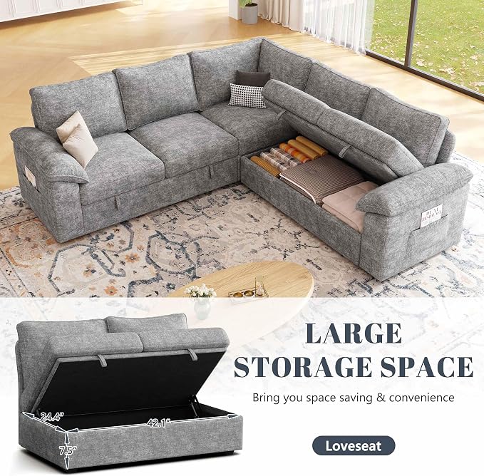 85 Inch Modular Sectional Sofa with Pull Out Bed, L Shaped 5 Seat Sectional Sleeper Sofa with Storage, Sectional Couches for Living Room, Cloud Modular Couch,Removable Sofa Cover,Light Grey