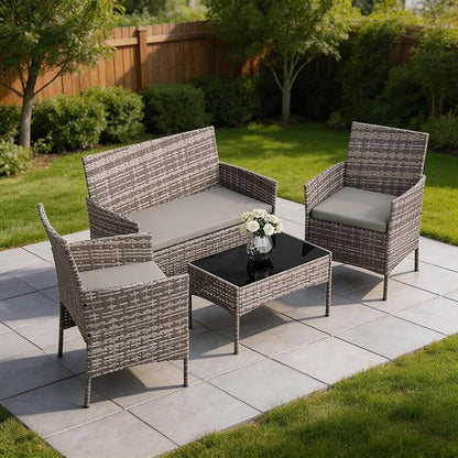 Outdoor Patio Furniture Set, 4-Piece PE Rattan Wicker Chair Set with Cushions and Tempered Glass Table for Backyard, Porch, Garden, Poolside, Balcony, Brown/Beige