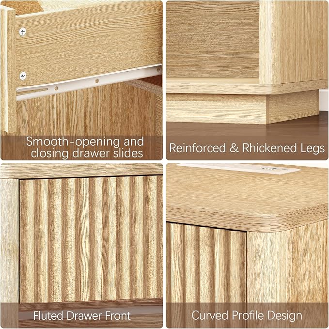 Baoz Oak Fluted Nightstand with Charging Station & 1 Drawers for Bedroom | 19" Wide Mid Century Modern Bedside Table Natural Wood Curved Profile Design Night Stand Metal Handle