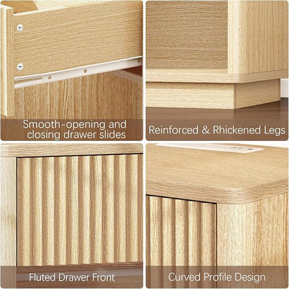 Baoz Oak Fluted Nightstand with Charging Station & 1 Drawers for Bedroom | 19" Wide Mid Century Modern Bedside Table Natural Wood Curved Profile Design Night Stand Metal Handle