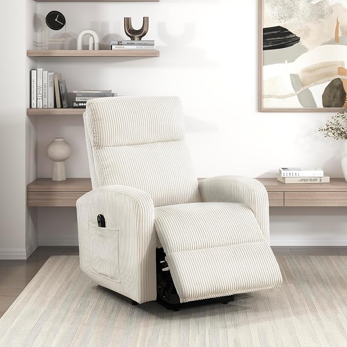 Lexicon Power Lift Recliner Chair for Elderly with Remote Control, Gentle Lift Motion, Side Pocket Armrest, Corduroy Upholstered Electric Recliner for Living Room/Bedroom, Easy Assembly, Beige