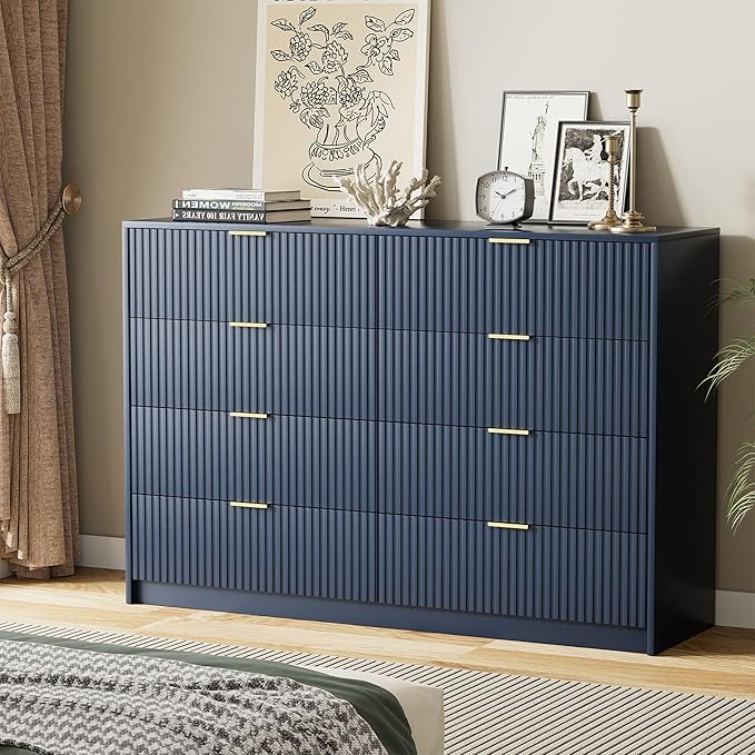 Furniway Navy Blue Dresser for Bedroom, Modern Dresser with 8 Drawers and Smooth Slides, Wide Chest of Drawers with Golden Handles for Bedroom, Closet, 15.7" D x 55" W x 37.4" H
