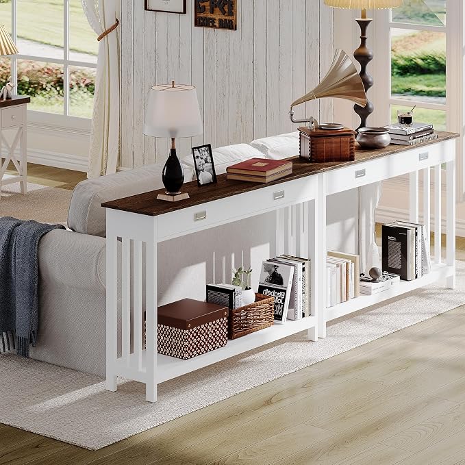 ChooChoo 47" Farmhouse Entryway Table with Drawer, Narrow Console Table with Storage Shelf, Sofa Table for Living Room, Entryway, and Hallway, White and Brown