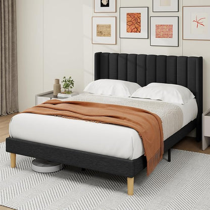 alazyhome Platform Bed Frame Queen Size with Upholstered Headboard, Solid Wood Slats Support, No Box Spring Needed, Noise Free, Easy Assembly, Modern Fabric Bed, Black