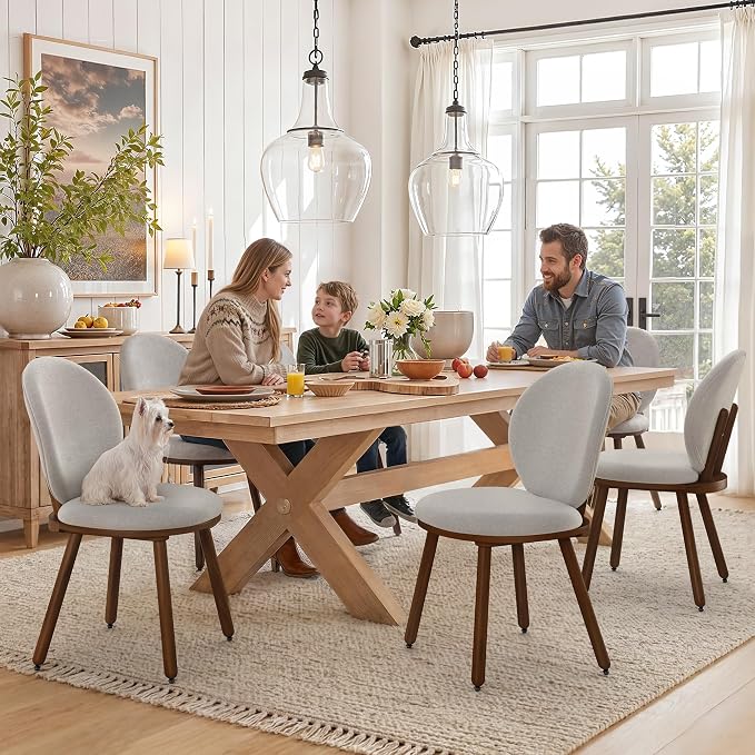 LUE BONA Dining Chairs Set of 4, Upholstered Fabric Kitchen Chairs with Dual-Spine Backrest, Kitchen Chair with Solid Wood Legs and Ergonomic Curved Seat, Easy Assembly for Kitchen Dining Room, Gray