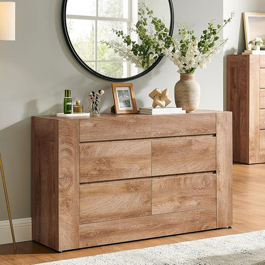 OKD 6 Drawer Dresser for Bedroom, 54" Wide Chest of Drawers with Thick Wood Design, Handleless, Modern Bedroom Dresser, Storage Organizer for Living Room/Entryway/Hallway, Light Knotty Wood
