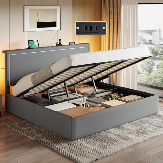 SHA CERLIN King Size Hydraulic Lift-Up Storage Platform Bed Frame with Charging Station, RGB LED Lights, Adjustable Velvet Headboard, USB-A and USB-C Ports, No Box Spring Needed, Grey