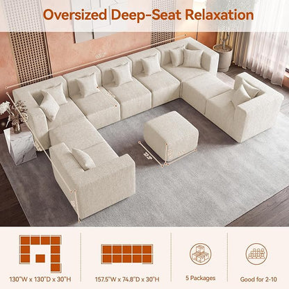 MONVANE Modular Sectional Sofa, Oversized 10 Seat Convertible U Shaped Couch with Ottoman, Comfy Chenille Cloud Couch with Deep Seat, Sectional Couches for Living Room, No Assembly Required, Beige