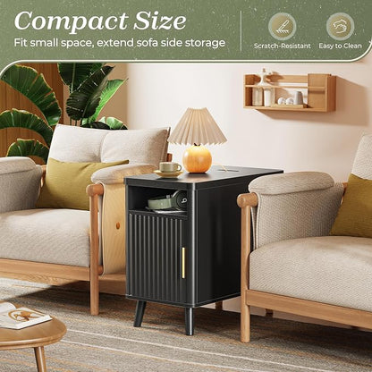 Huuger Narrow Nightstand with Charging Station, USB-C Port, Set of 2 Night Stand, Fluted End Table with Storage Cabinet, Back Rack, Side Table for Small Spaces, 13.4×23.6 Inch, Black