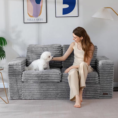 MAXYOYO Boneless Loveseat Sofa Couch for Adults, Floor Bean Bag Couch Sofa | Faux Fur Sofa with Armrests and Back Support, Plush Foam Filled Lounge Couch, Cozy Bean Bag Couch for Living Room, Apartment