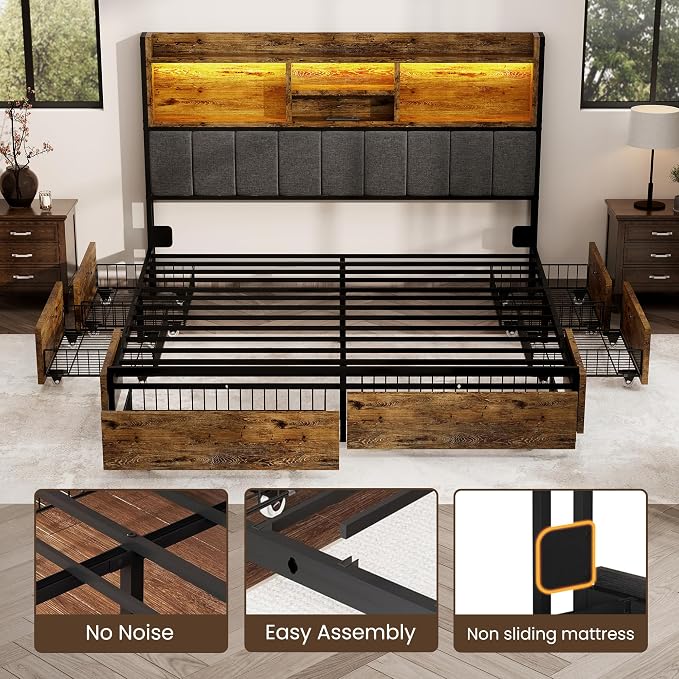 BRELTAM Queen Bed Frame with 6 Storage Drawers, Linen Upholstered Headboard, Built-in USB Charging Station & LED Lighting, Silent Metal Support, No Box Spring Needed, Vintage Brown