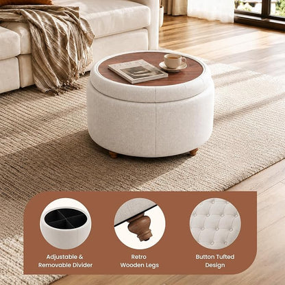 25Inch Round Ottoman with Storage, Tufted Fabric Modern Circle Ottoman with Reversible Tray Lid and Wood Legs, Multi-Functional Small Coffee Table for Living Room, Bedroom, Camel