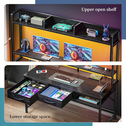 DurayLoly Computer Desk with Shelves and Drawers for Bedroom,Black | Neck&Waist Strain Relief Monitor Stand, Vision-protect RGB LED Suited for Students&Office Sitters
