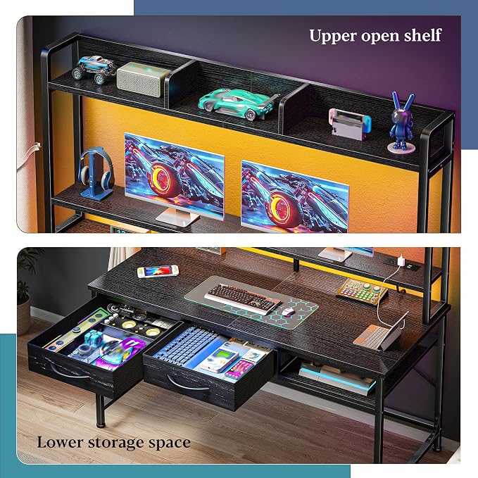 DurayLoly 39.4" Computer Desk with Hutch & Monitor Stand,Gaming Desk with Shelves & Drawers, Writing Desk with LED &Power Outlet,Office Desk,Study Desk for Bedroom Home Office,Small Space,Black