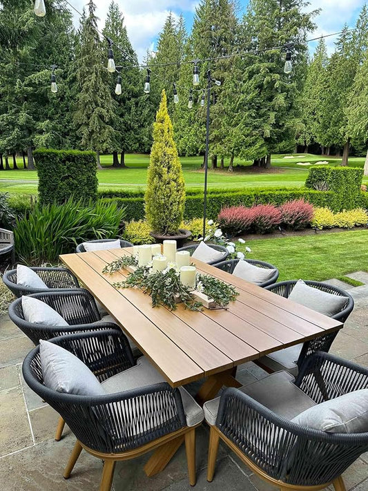PURPLE LEAF 9 Pieces Patio Dining Set Wicker Outdoor Furniture Rectangular Table and Chairs Set for Garden Deck Teak-Finish Aluminum Frame Backyard Kitchen Set, Cushions and Pillows Included