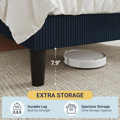 Allewie King Size Upholstered Bed Frame with Vertical Channel Tufted Headboard, Soft Corduroy Fabric Platform Bed, Strong Wooden Slats Support, Easy Assembly, No Box Spring Needed, Dark Blue