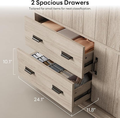 LIKIMIO Wardrobe Closet, 70" Tall 4 Doors Large Wooden Closet with 2 Drawers, 3 Shelves Bedroom Armoire with Hanging Rod, Freestanding Storage Cabinet for Hanging Clothes, Light Oak