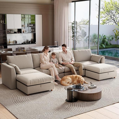Ihanherry 152" Oversized Modular Sectional Sofa, Modern U Shaped Cloud Couch with 2 Storage Ottoman, 6-Seat Comfy Chenille Deep Seat Sofa with 2 Pillows for Living Room, Khaki