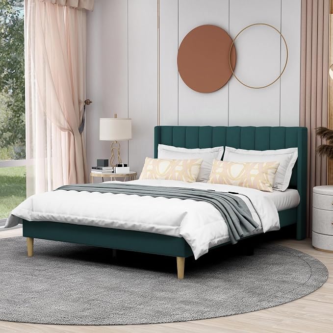 AGARTT Upholstered Platform Bed Frame Queen Size with Headboard and Footboard/Wooden Slats Support/No Box Spring Needed/Easy Assembly,Ink Green Velvet
