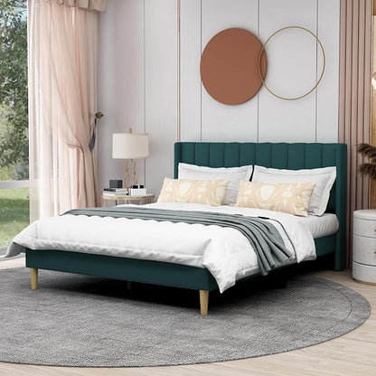 AGARTT Upholstered Platform Bed Frame Queen Size with Headboard and Footboard/Wooden Slats Support/No Box Spring Needed/Easy Assembly,Ink Green Velvet