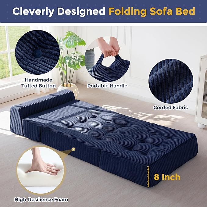 MAXYOYO 8" Folding Sofa Bed, Fold Out Chair Bed, Convertible Floor Sofa Couch, High-Density Foam Tufted Lounge Couch for Living Room Bedroom Dorm, Single, Navy