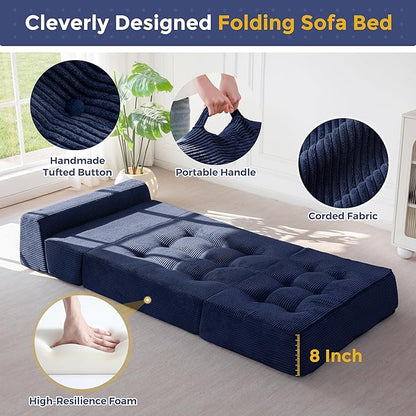 MAXYOYO 8" Folding Sofa Bed, Fold Out Chair Bed, Convertible Floor Sofa Couch, High-Density Foam Tufted Lounge Couch for Living Room Bedroom Dorm, Single, Navy