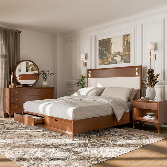 Furniture of America Forma Modern Solid Wood 4-Piece Bedroom Set with Storage Bed with LED Lights, Ball-Bearing Glide on Nightstand and Dresser with Mirror, No Box Spring Needed, King, Walnut