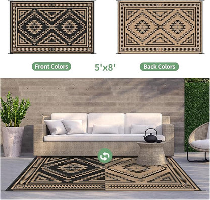 GENIMO Outdoor Rug for Patio Clearance - 5x8 ft Waterproof Plastic Camping Rugs, Reversible Outside Rv Mat Carpet for Porch, Deck, Picnic, Balcony, Beach, Backyard, Black Brown