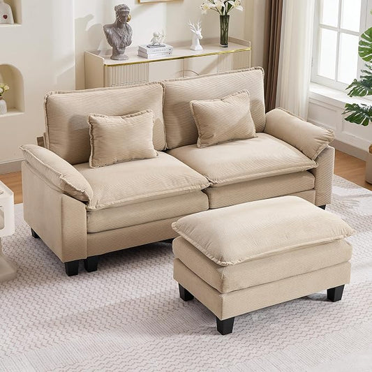 URRED Oversized Modular Sectional Sofa, 87" L Shaped Modern Comfy Cloud Couch with Movable Ottoman & Pillows, Deep Seat Couches for Living Room, Bedroom or Apartment (Corduroy Khaki, 87" L Shaped)